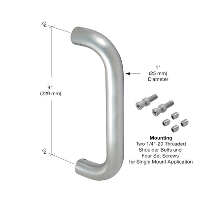 Clear-anodized extruded aluminum Astral II 1" diameter straight pull handle, 9" long, with mounting ends
