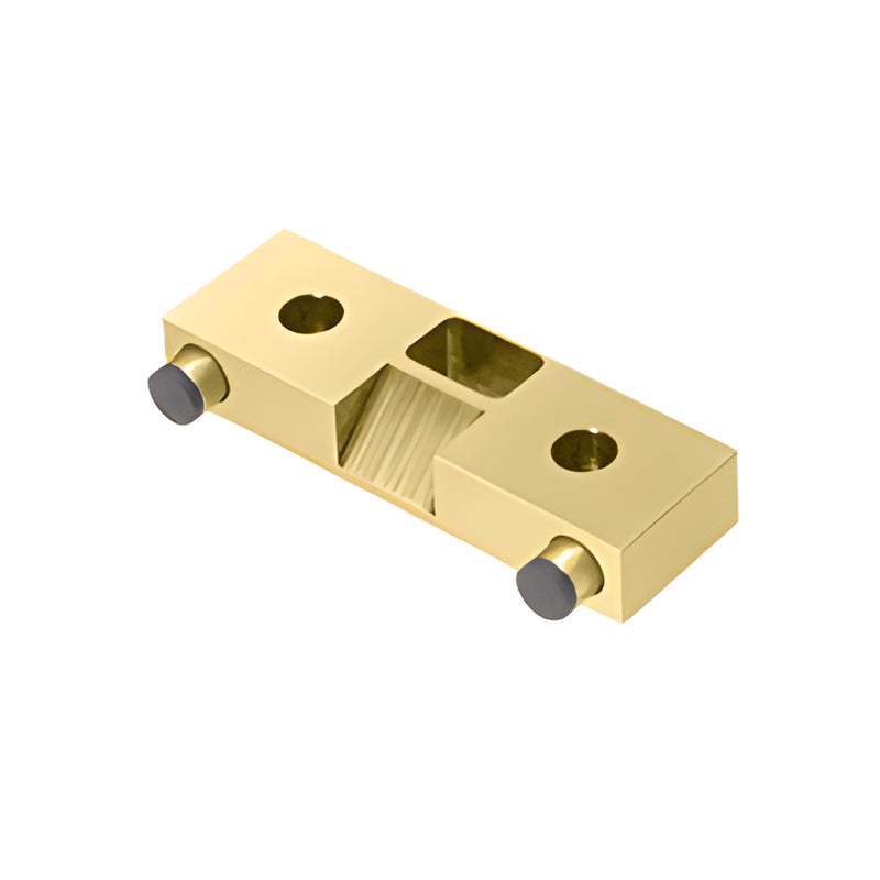 Satin brass PK1SB glass door strike/stop for 1/2 in. tempered doors, rectangular with two rubber-tipped plungers.