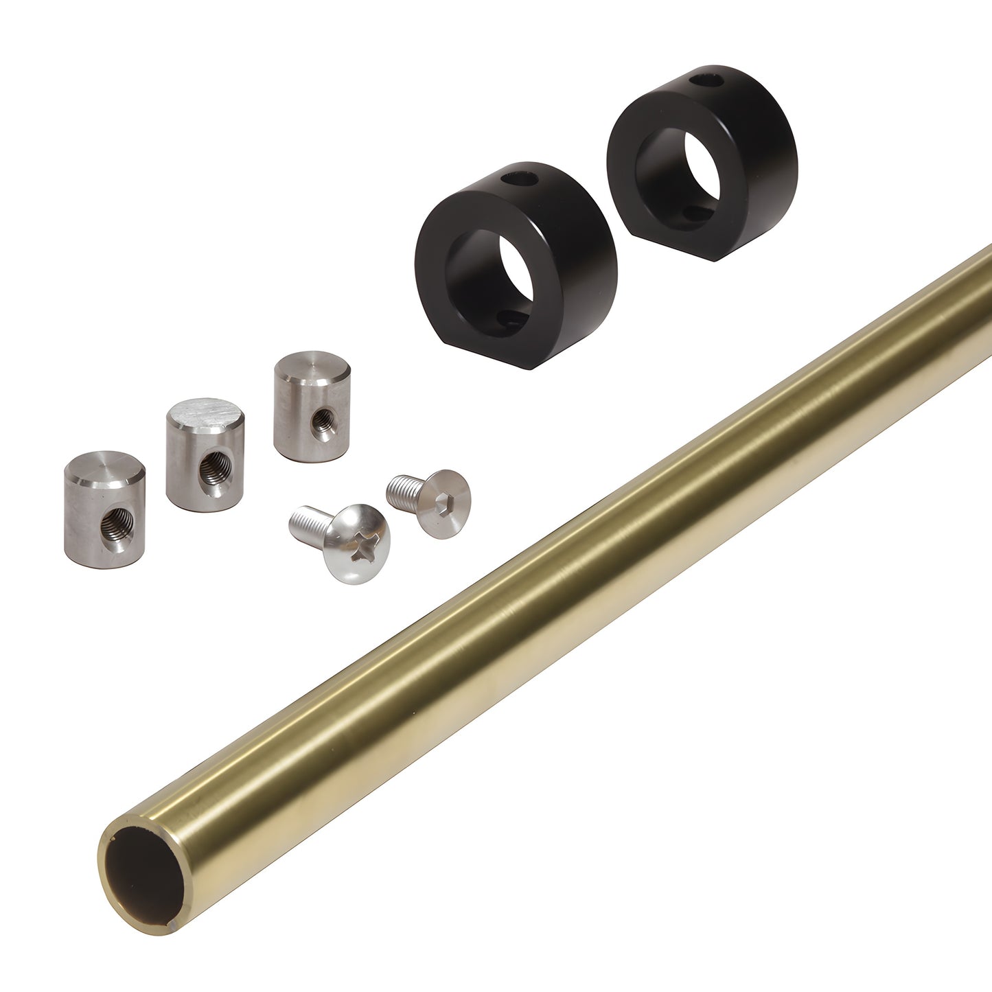 CREH2BBRZ 78 in brushed-bronze stainless steel Crescent header bar with black mounting collars and fasteners.