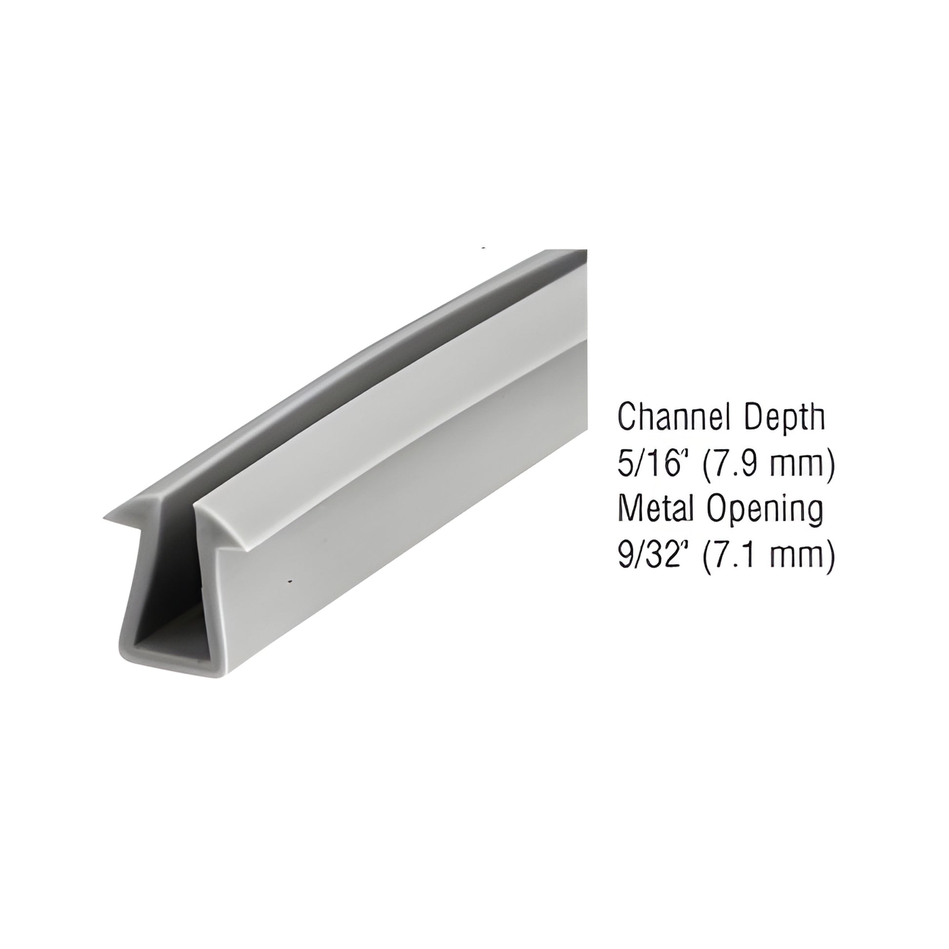 Gray extruded vinyl glazing gasket D749M with 5/16" channel depth and 9/32" metal opening