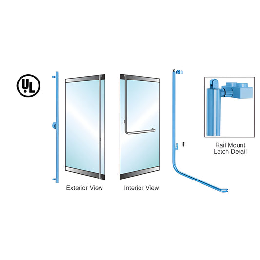 PA100F4LKPT tubular panic handle, low-profile stainless rail-mount for 1/2" tempered glass doors, interior push bar.