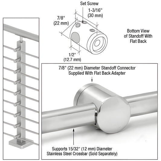 CBR8PS polished 316 stainless flat-back standoff connector, 7/8" dia, surface-mount for 12mm crossbar, no exposed fasteners.