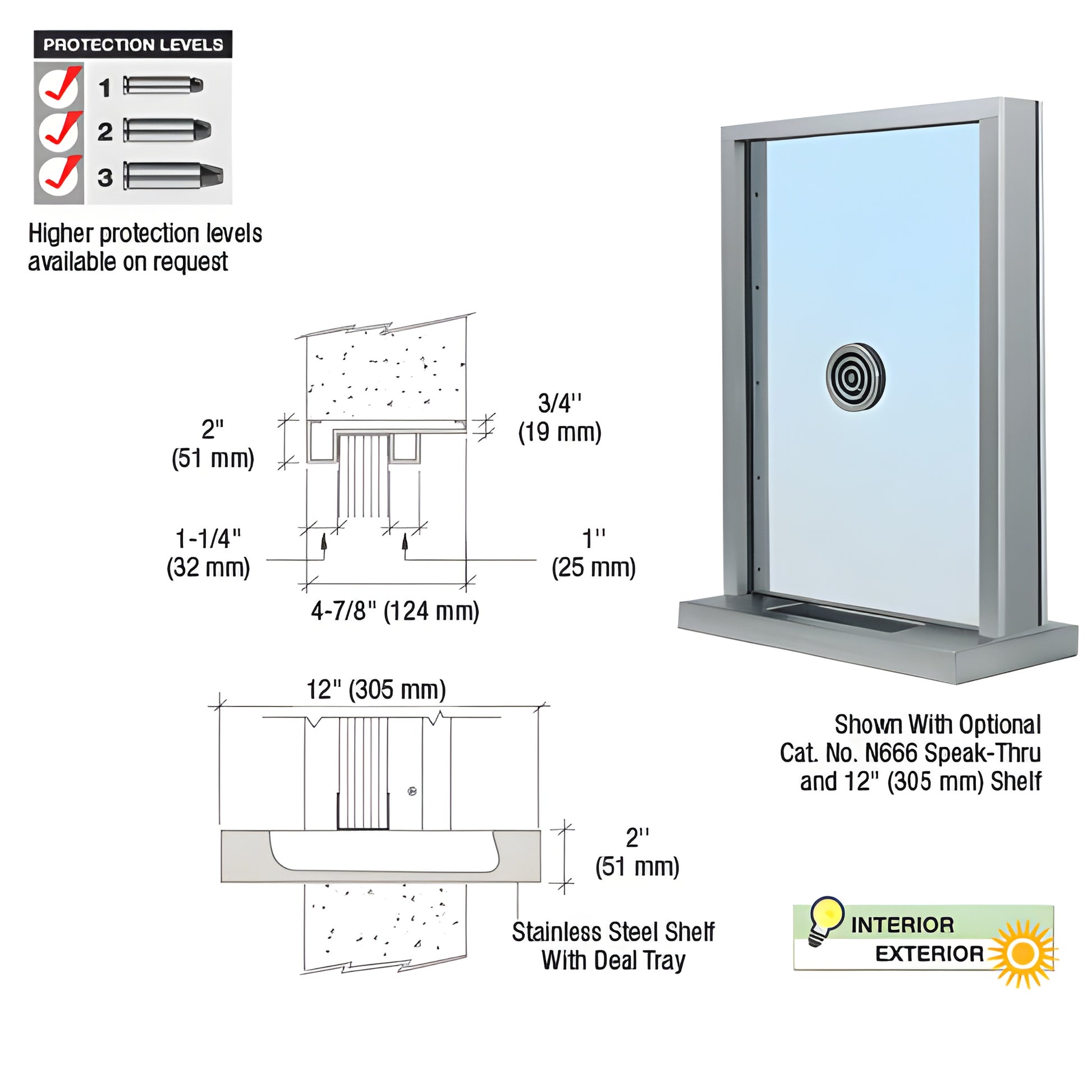S1EW12S brushed stainless exterior glazed inset frame window with integrated non-ricochet bullet resistant deal tray and 12"
