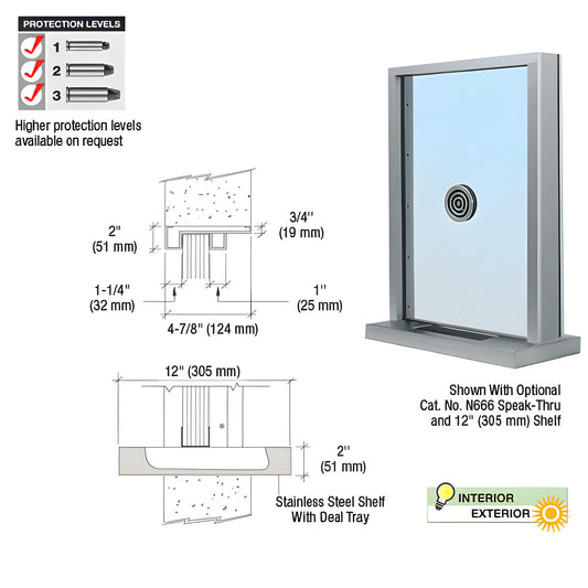S1EW12S brushed stainless exterior glazed inset frame window with integrated non-ricochet bullet resistant deal tray and 12"