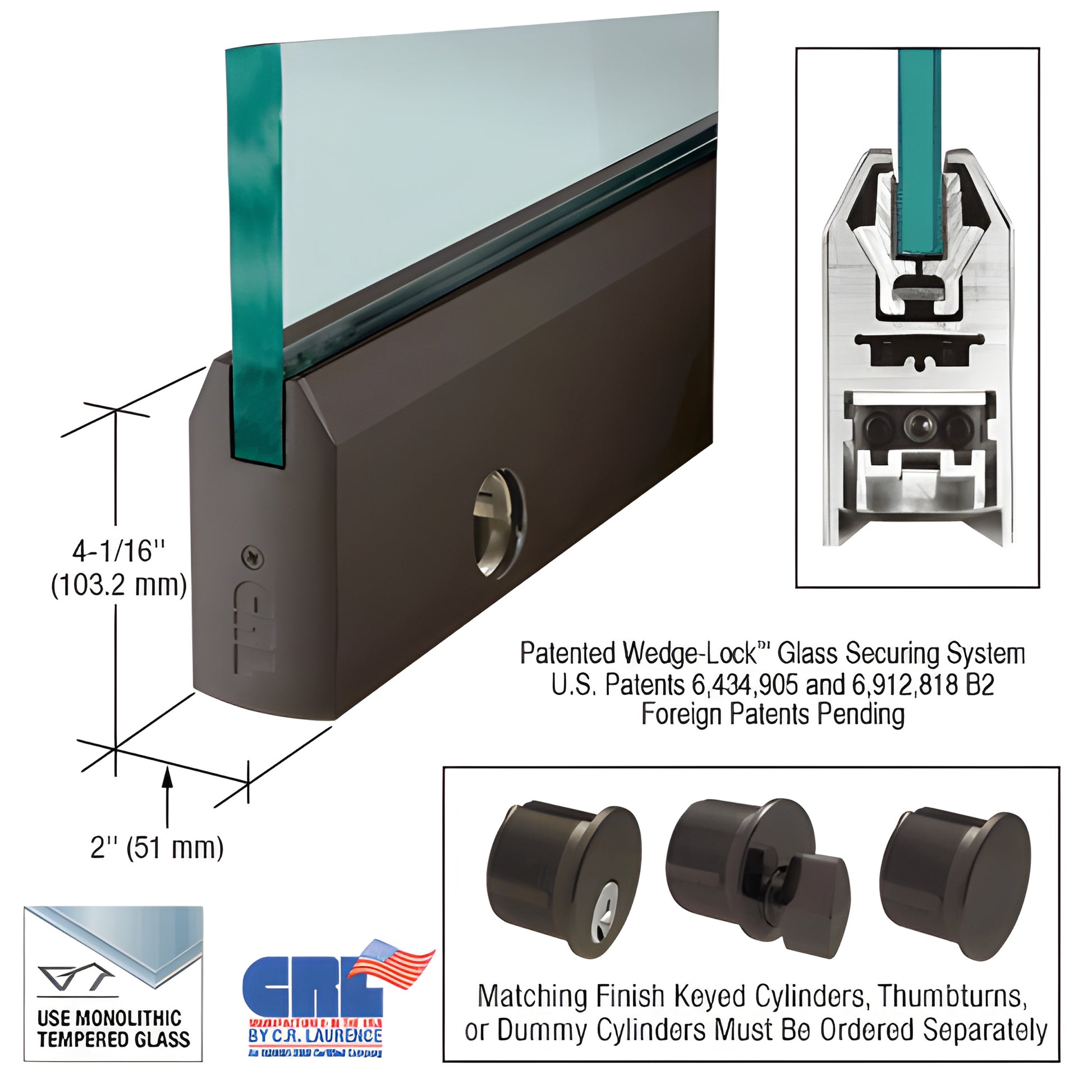 DR4T0RB12CL oil-rubbed bronze tapered aluminum door rail, 4 in high, for 1/2 in tempered glass with Wedge-Lock and lock