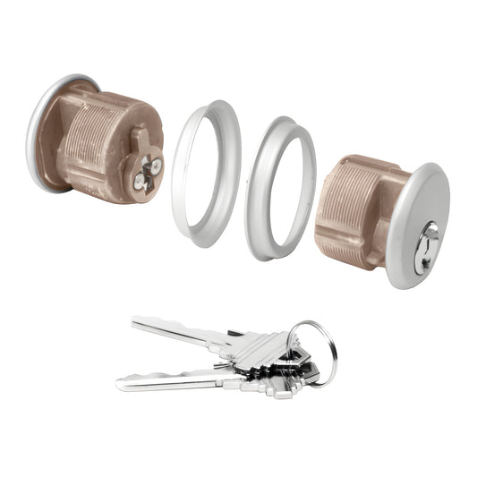 Pair of CRL DL2171SCKAA double mortise key cylinders in aluminum with cylinder rings and two keys.
