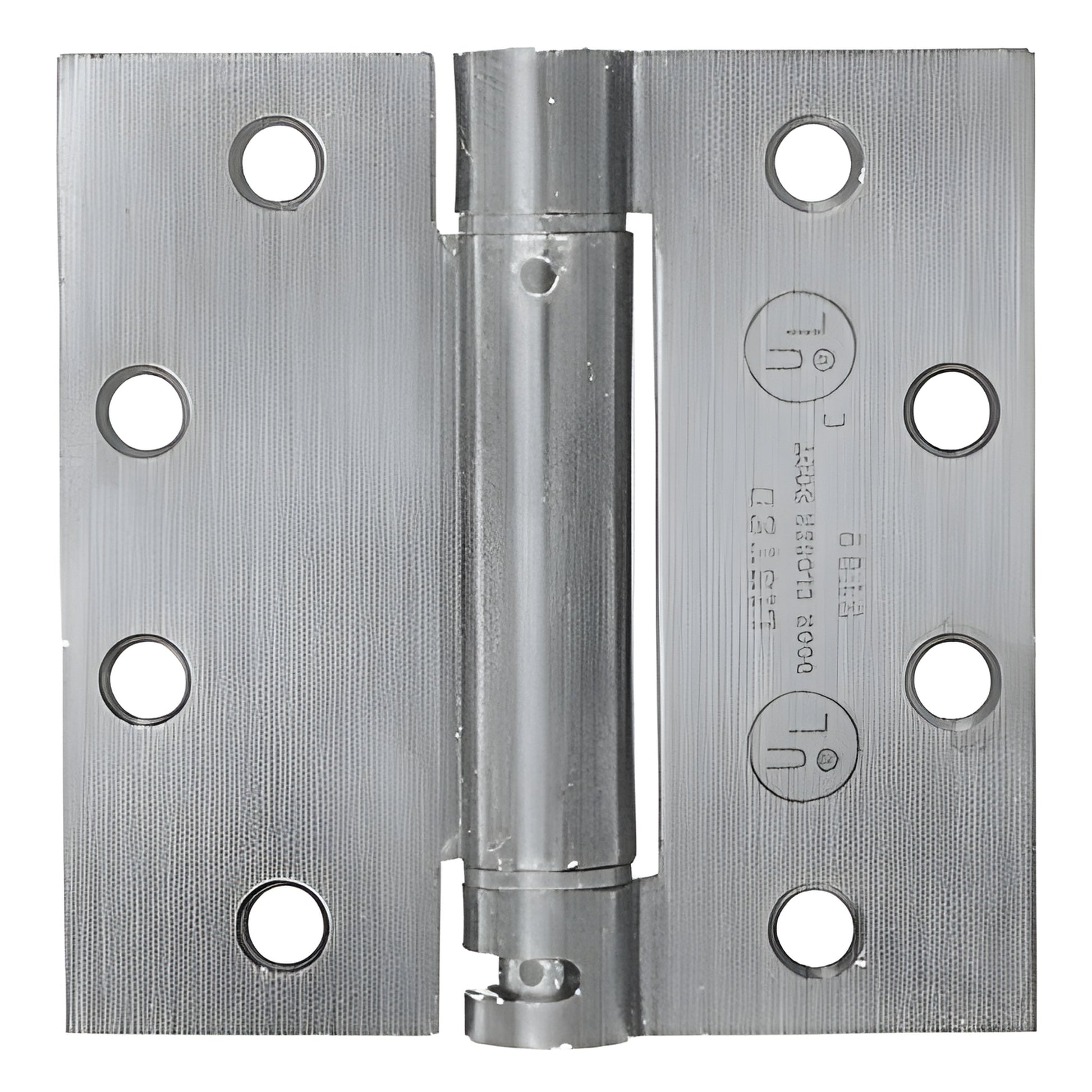 Dull chrome heavy-duty 4-1/2 inch square-corner spring hinge with six screw holes SKU S4526D