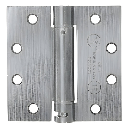 Dull chrome heavy-duty 4-1/2 inch square-corner spring hinge with six screw holes SKU S4526D