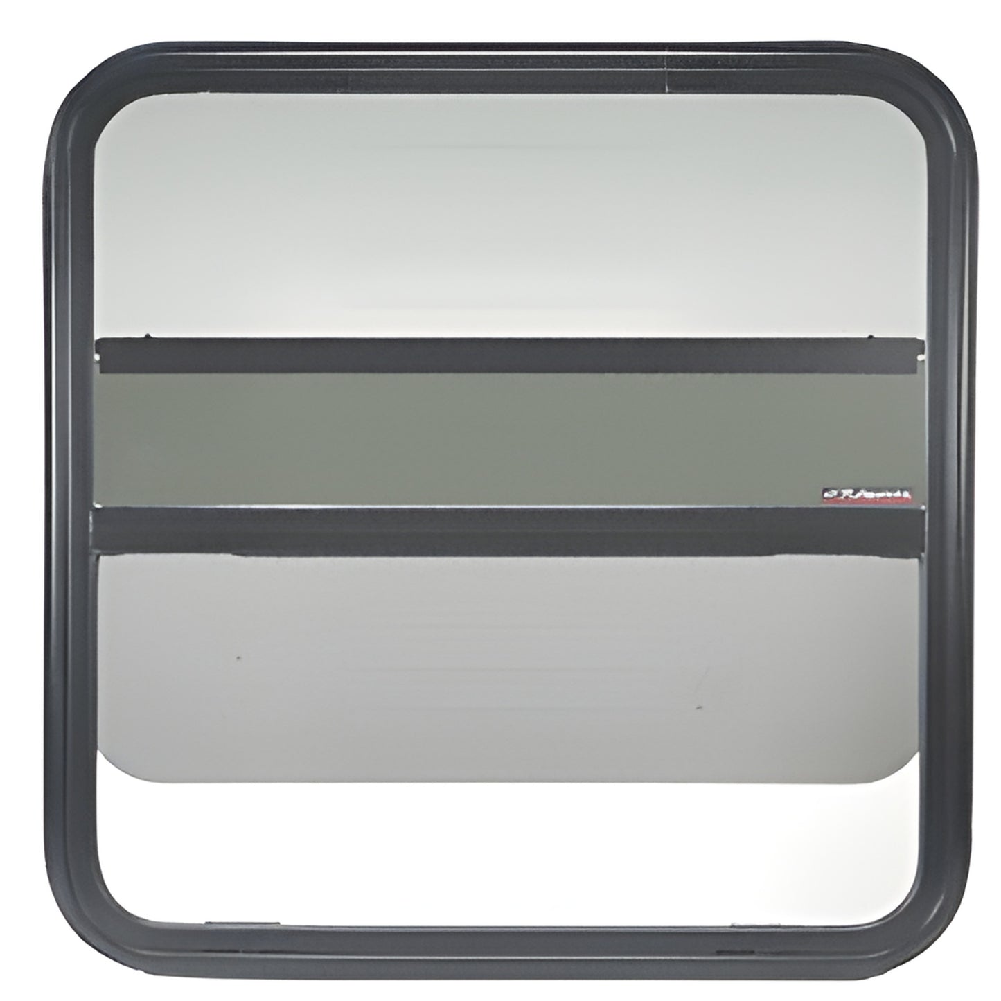 VW7286 non-contoured vertical lift van window, black frame, 28% solar privacy tinted glass with sliding screen.