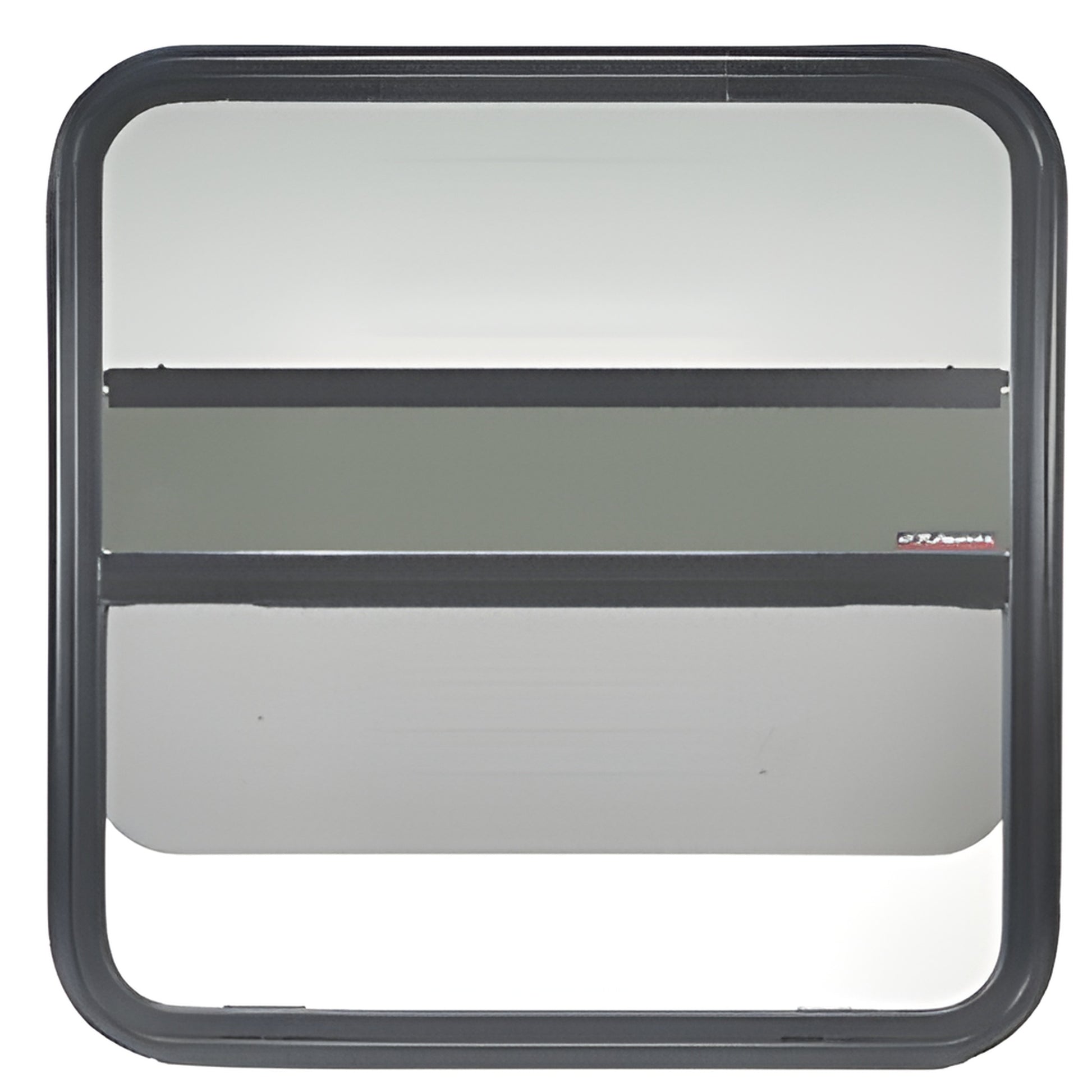 VW7286 non-contoured vertical lift van window, black frame, 28% solar privacy tinted glass with sliding screen.