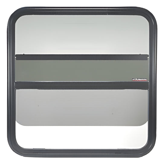 VW7286 non-contoured vertical lift van window, black frame, 28% solar privacy tinted glass with sliding screen.