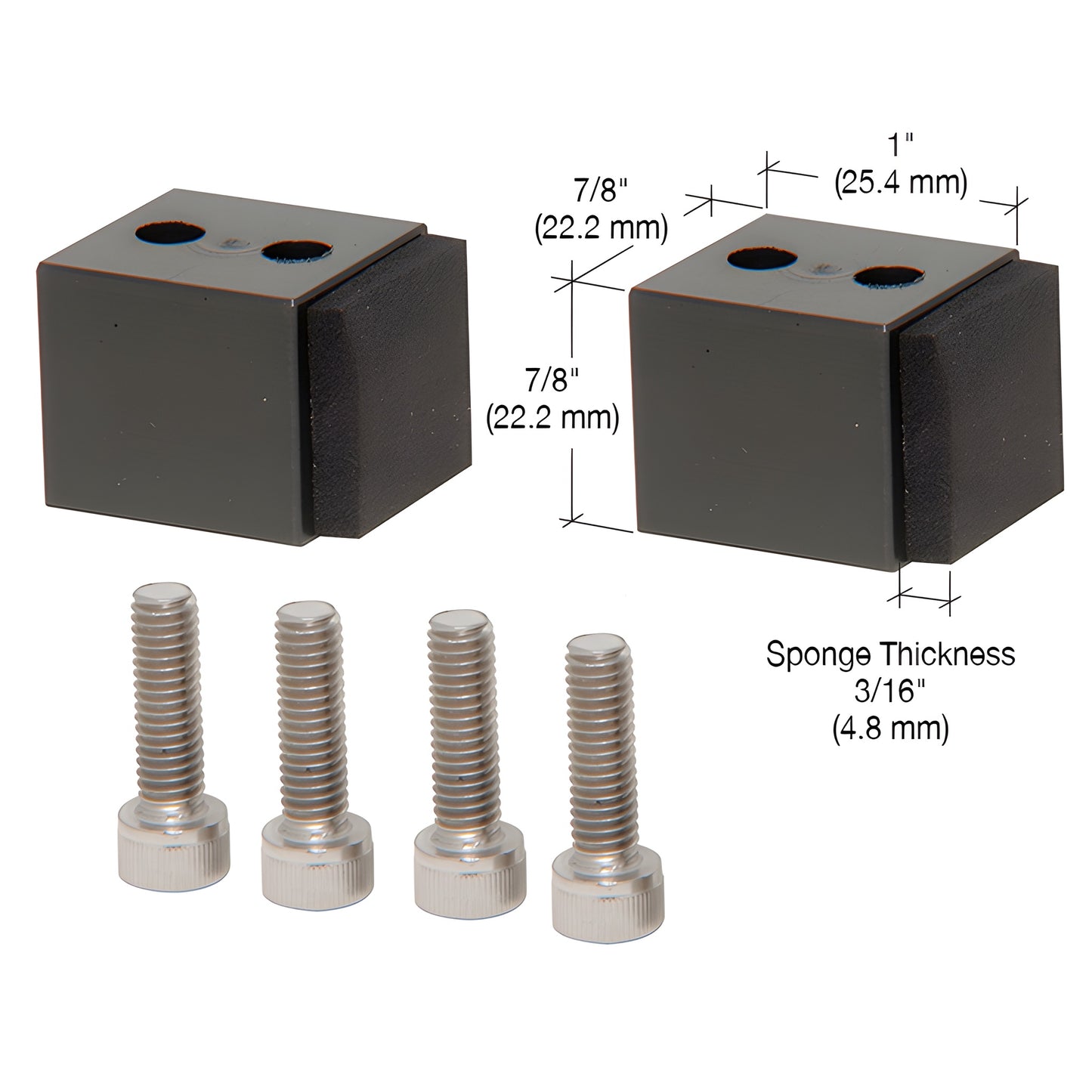 HYD02 Hydroslide roller stop kit: two black square stops with sponge pads and four screws (1/4-20)