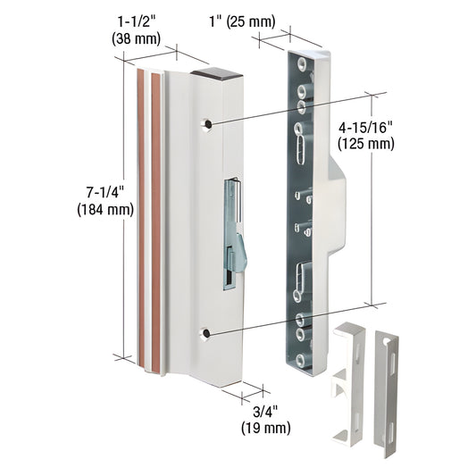 Aluminum surface-mounted hook handle set for sliding/storm doors, reversible, includes keeper and latch - SKU C1198.