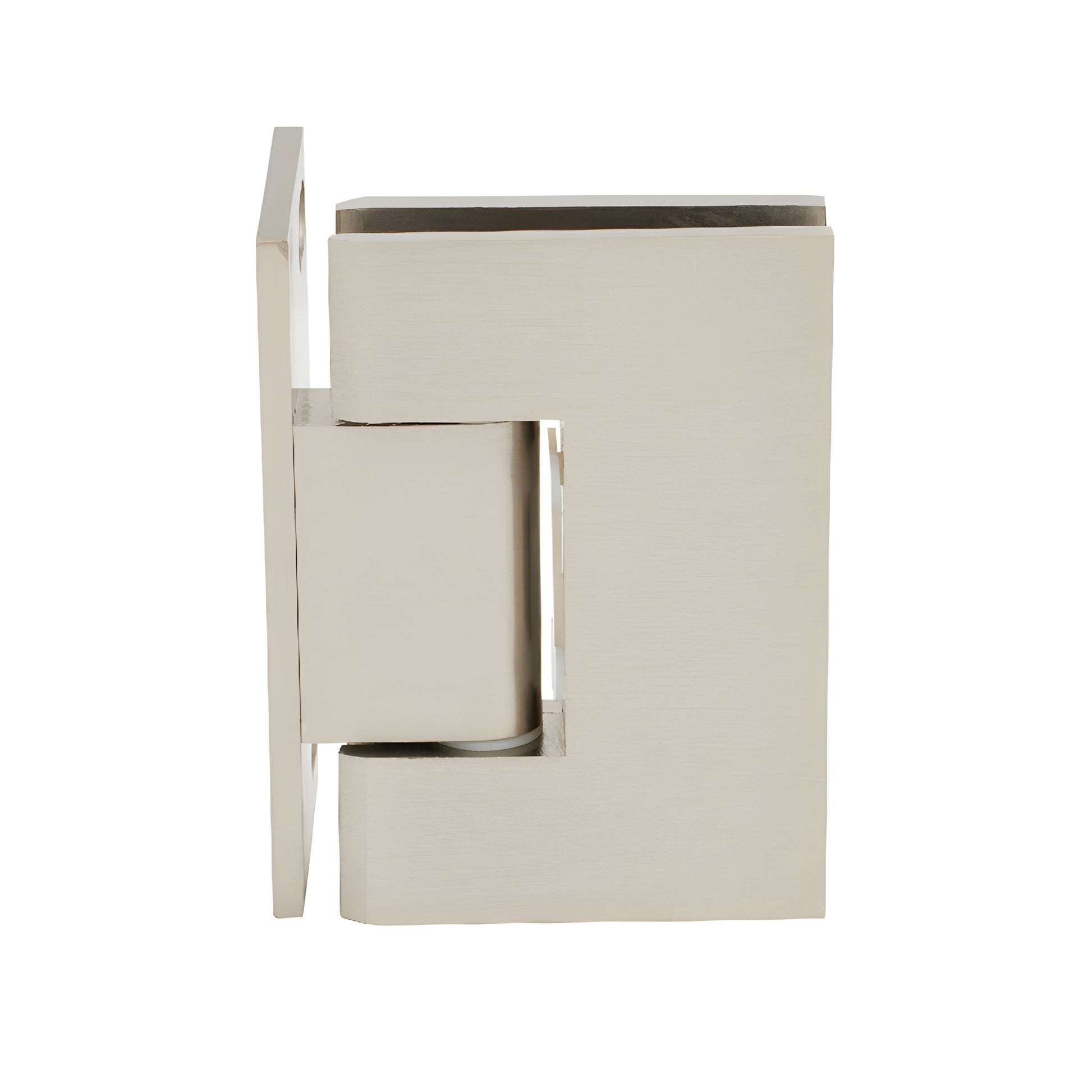 MEL024BN brushed nickel solid brass shower hinge for 8-12mm tempered glass, wall-mount self-centering.