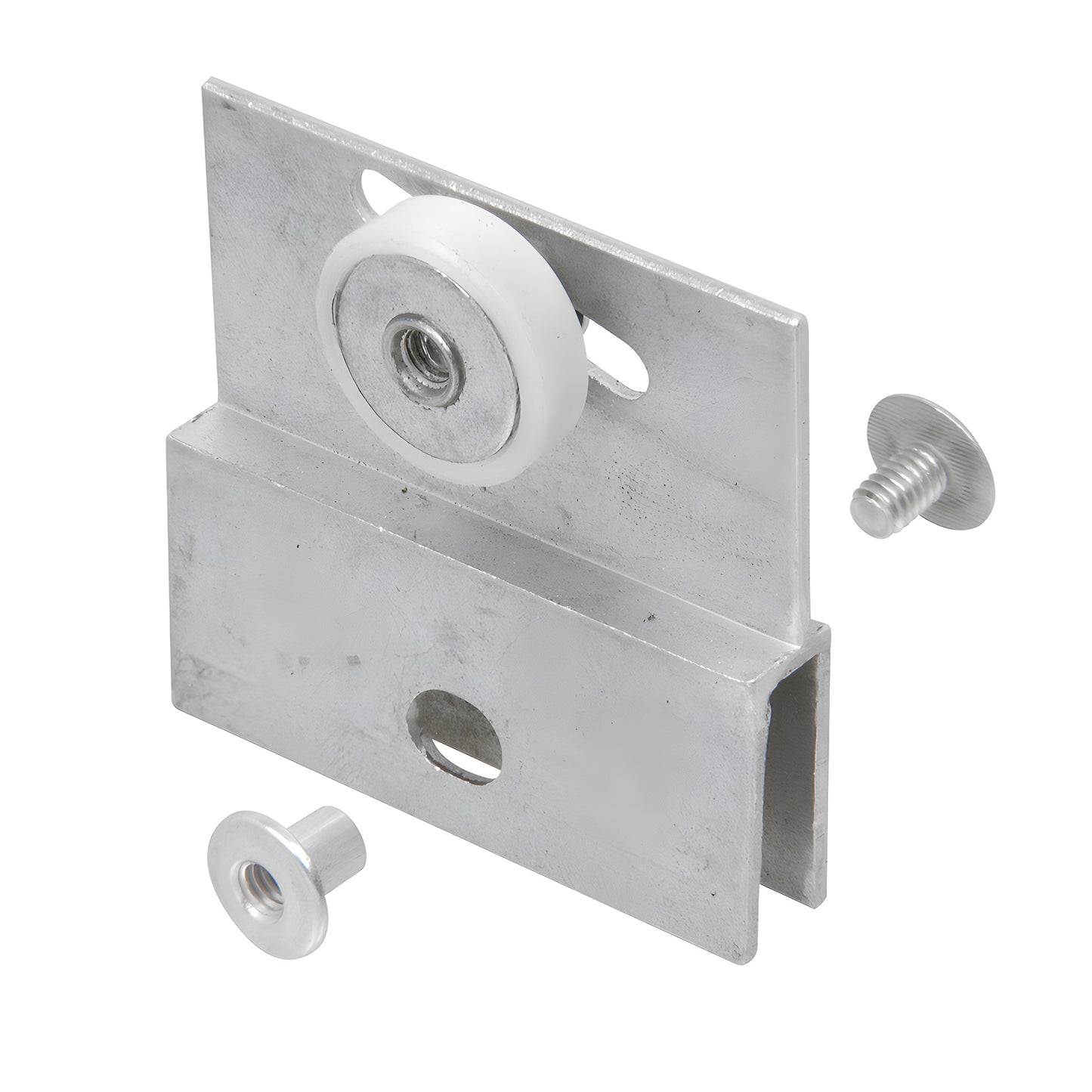 Aluminum adjustable bracket with white nylon roller and mounting posts for frameless shower door (5 mm glass) - SKU M6054