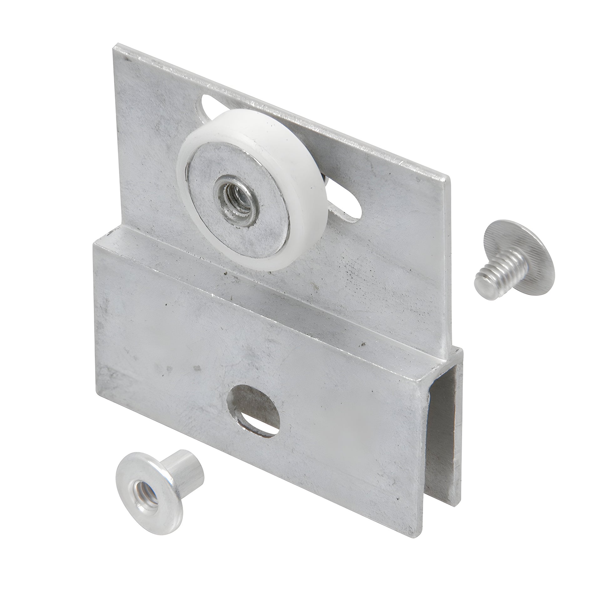 Aluminum adjustable bracket with white nylon roller and mounting posts for frameless shower door (5 mm glass) - SKU M6054