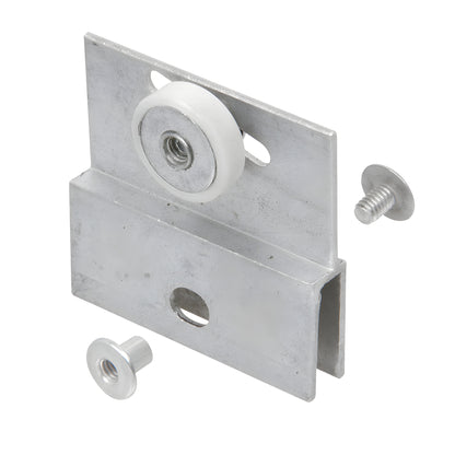 Aluminum adjustable bracket with white nylon roller and mounting posts for frameless shower door (5 mm glass) - SKU M6054