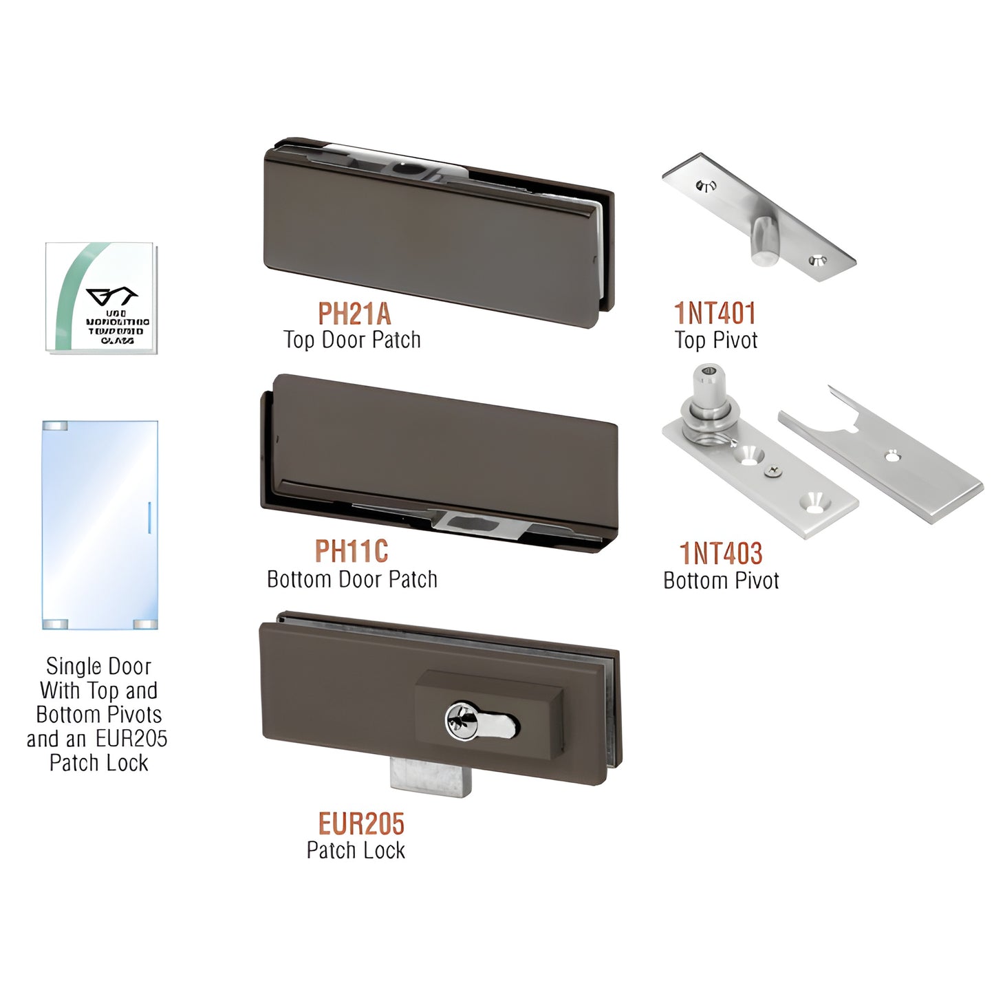 Black bronze PHE1LDU European patch door kit with top/bottom patches, pivots and optional EUR205 lock for 3/8-1/2" glass