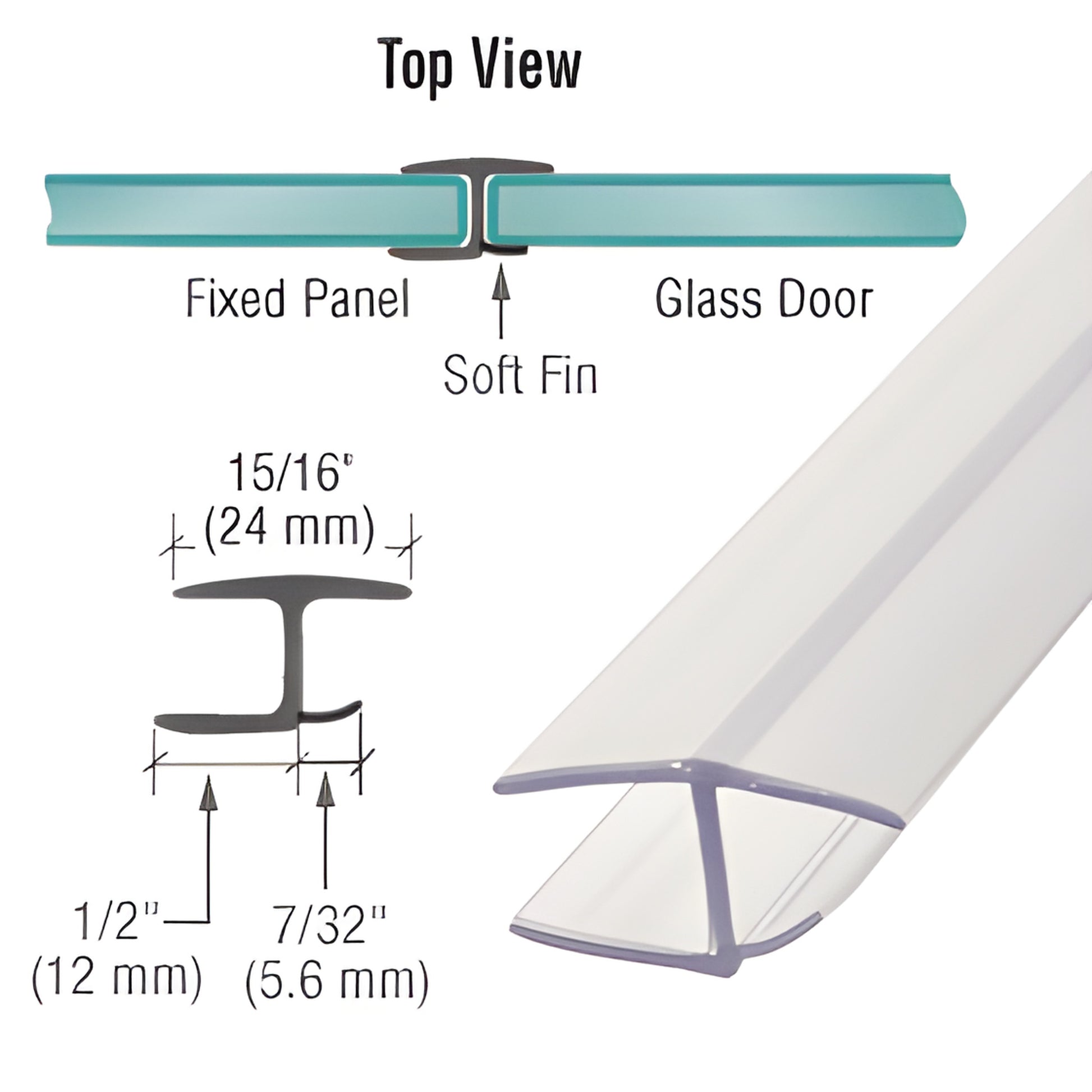 CRL clear polycarbonate H jamb seal P338HWS for 3/8" (10mm) glass - snap-on 180 soft-fin shower door seal.