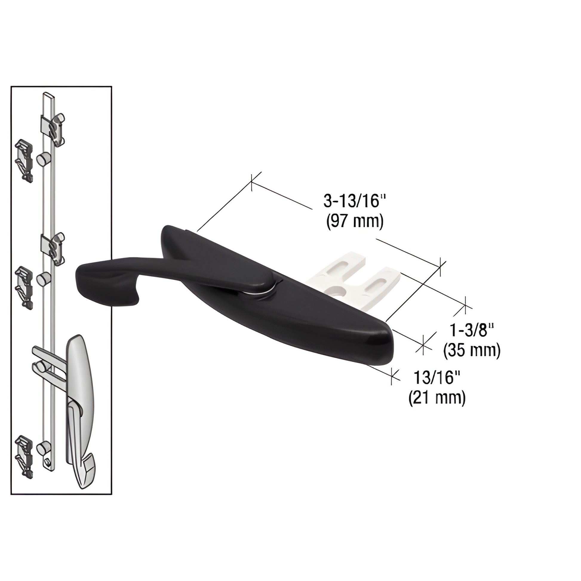 Black anodized CRL Truth 1-3/8" multi-point latch actuator with white mounting fork, SKU WH12433.