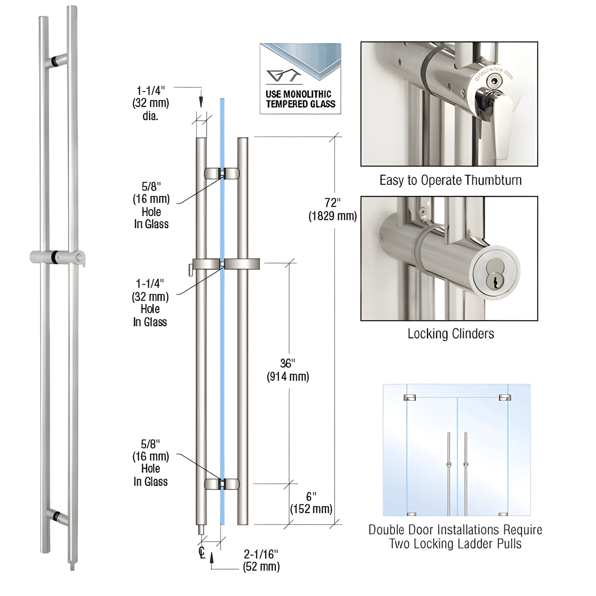 LLPA72PS 72" polished stainless locking ladder pull for 1/2-3/4" tempered glass doors, concealed deadbolt.