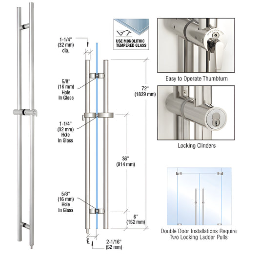 LLPA72PS 72" polished stainless locking ladder pull for 1/2-3/4" tempered glass doors, concealed deadbolt.