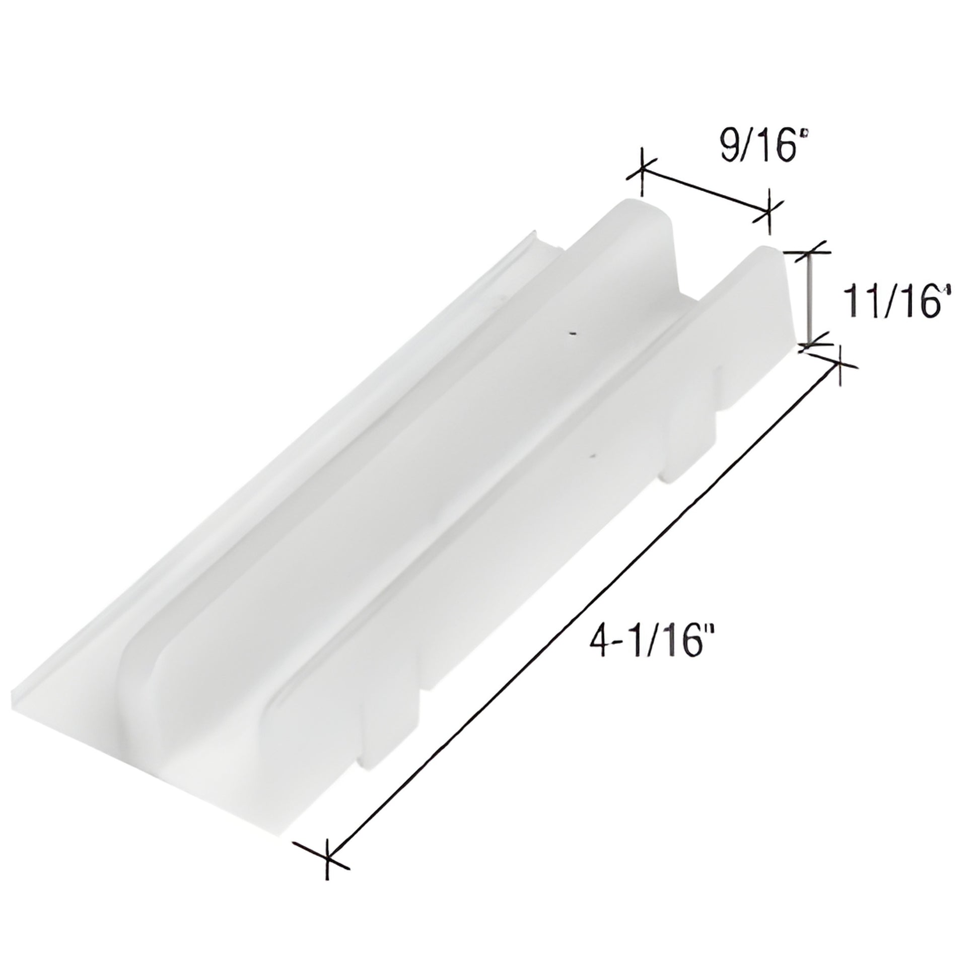 White clear plastic sliding shower door bottom guide, 4-1/16" long for 1/2" rails - SKU M6067.