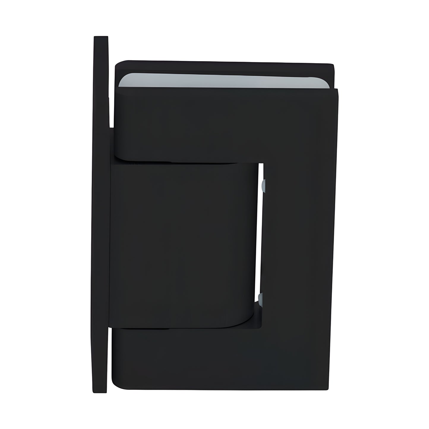 Matte black oil-damped wall-mount hinge for frameless glass doors, self-closing, fits 8-14mm glass (SKU H8211BTMBL)