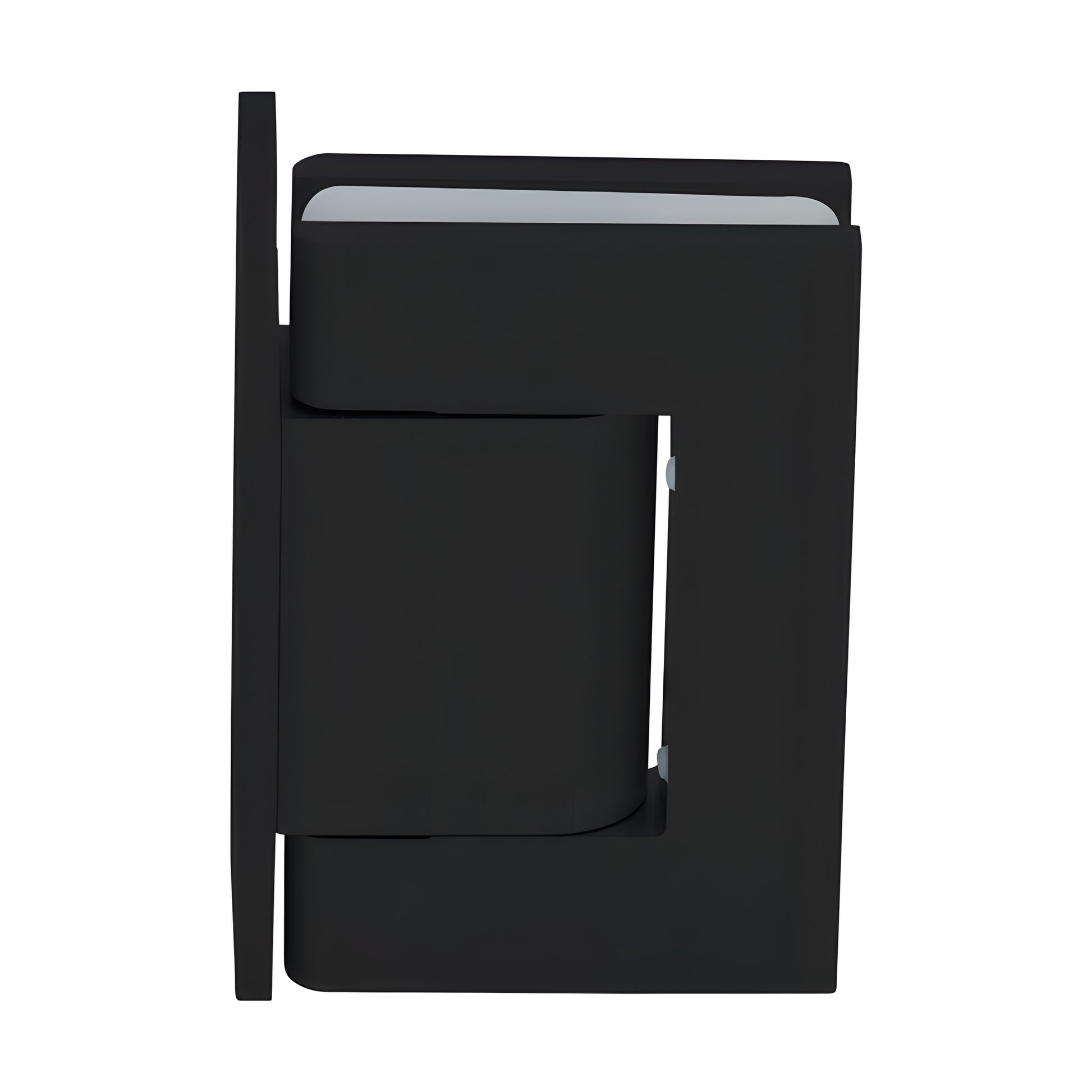 Matte black oil-damped wall-mount hinge for frameless glass doors, self-closing, fits 8-14mm glass (SKU H8211BTMBL)