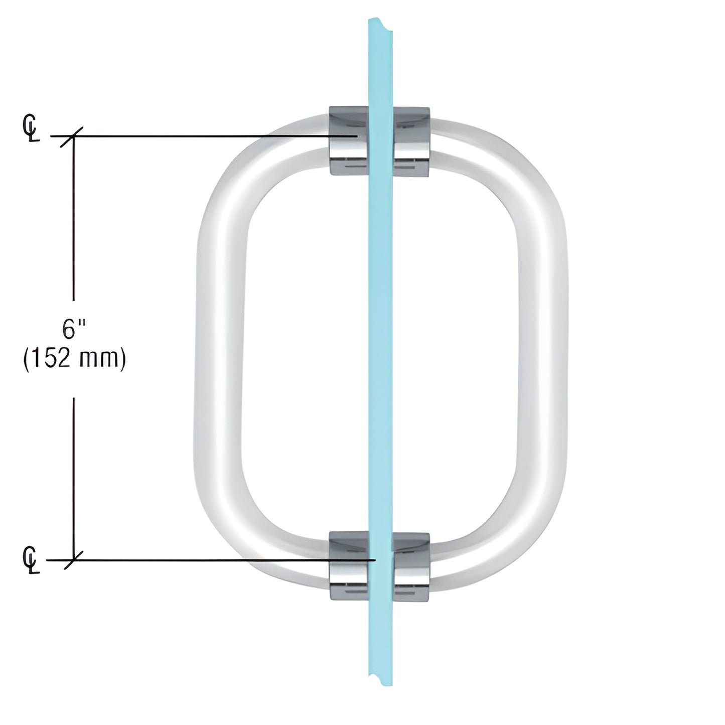 6" CAP6X6CH clear 3/4 in acrylic back-to-back door pull with polished chrome rings, fits 1/4-1/2 in glass (152 mm c-to-c)