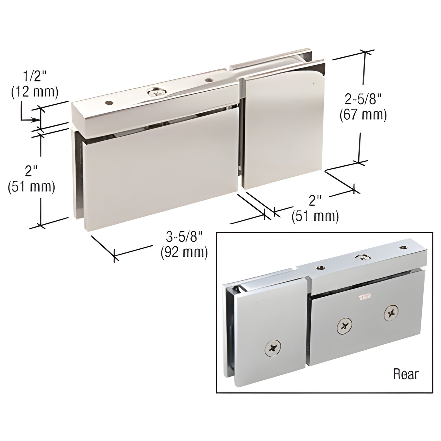 CAR07PN polished nickel Cardiff pivot hinge for 8-10mm tempered glass shower door, brass, self-centering, dimensions shown.