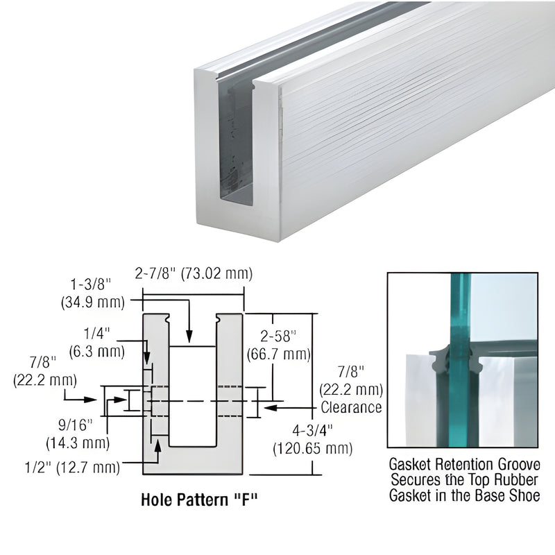 Aluminum L56S base shoe (mill) for 9/16" laminated glass - 4-3/4" H, 2-7/8" W, 120" L, 6" drilled C-C.