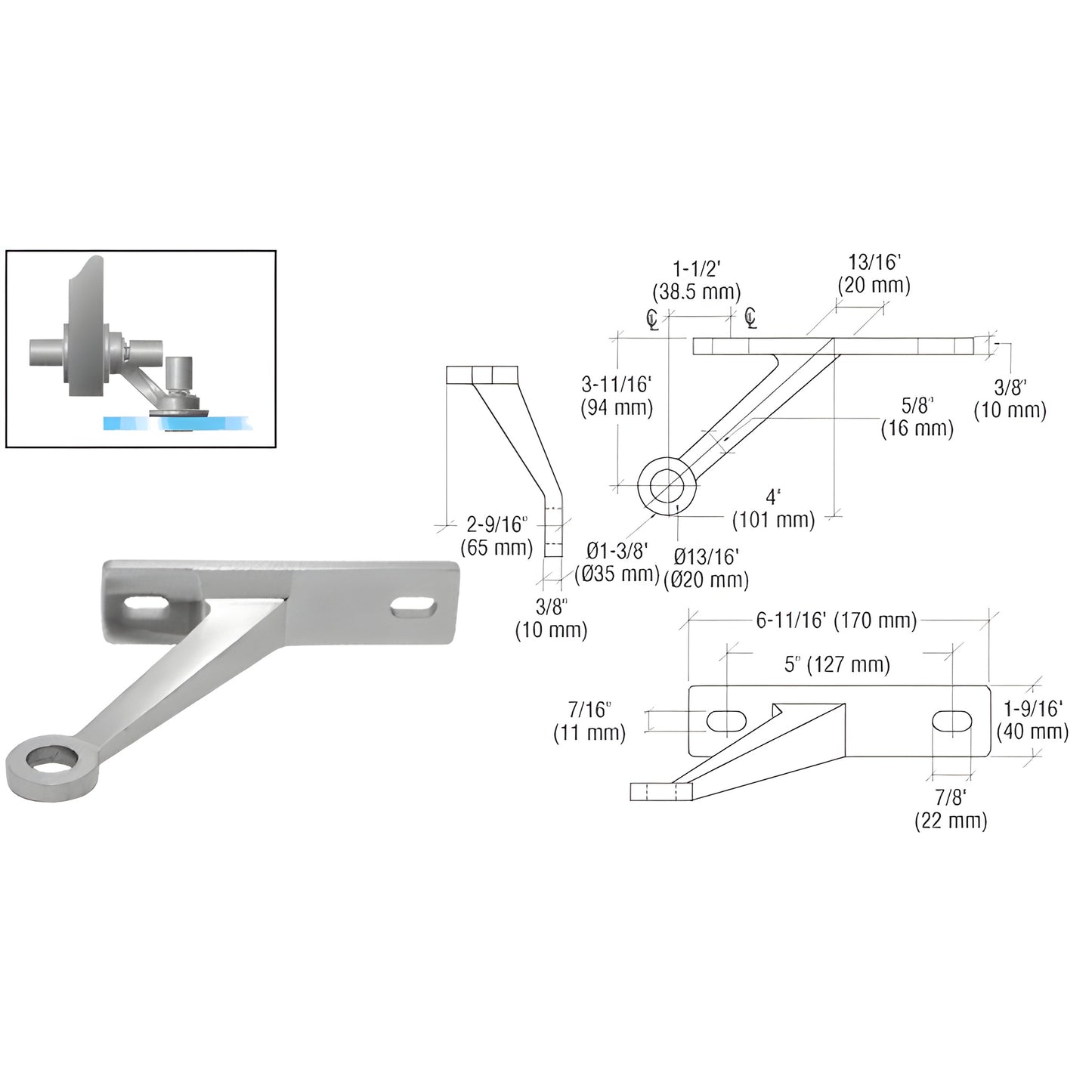CRL FMH1RHPS stainless steel glass-to-wall bracket for monolithic tempered glass up to 27 mm, angled stud mount.