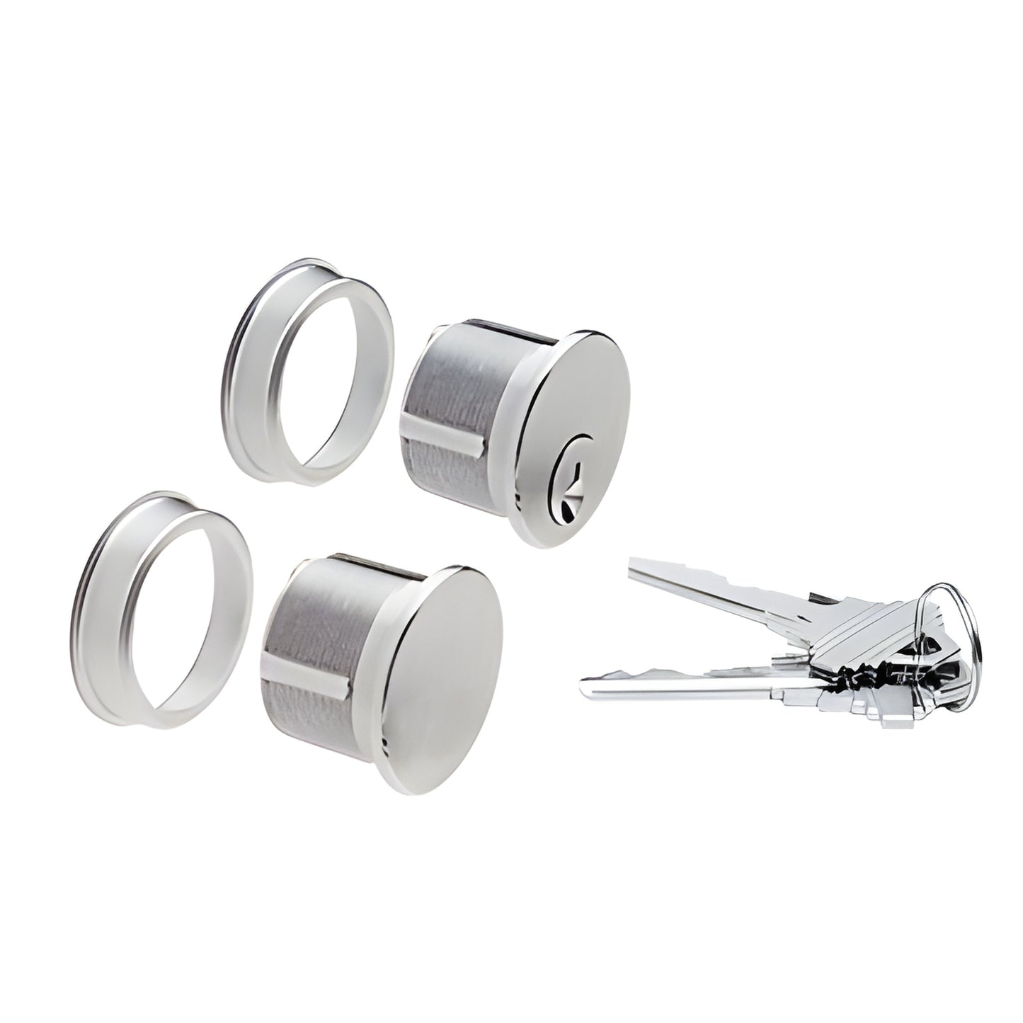 DRA1030BS mortise cylinder set in brushed stainless steel with two cylinders, trim rings and keys