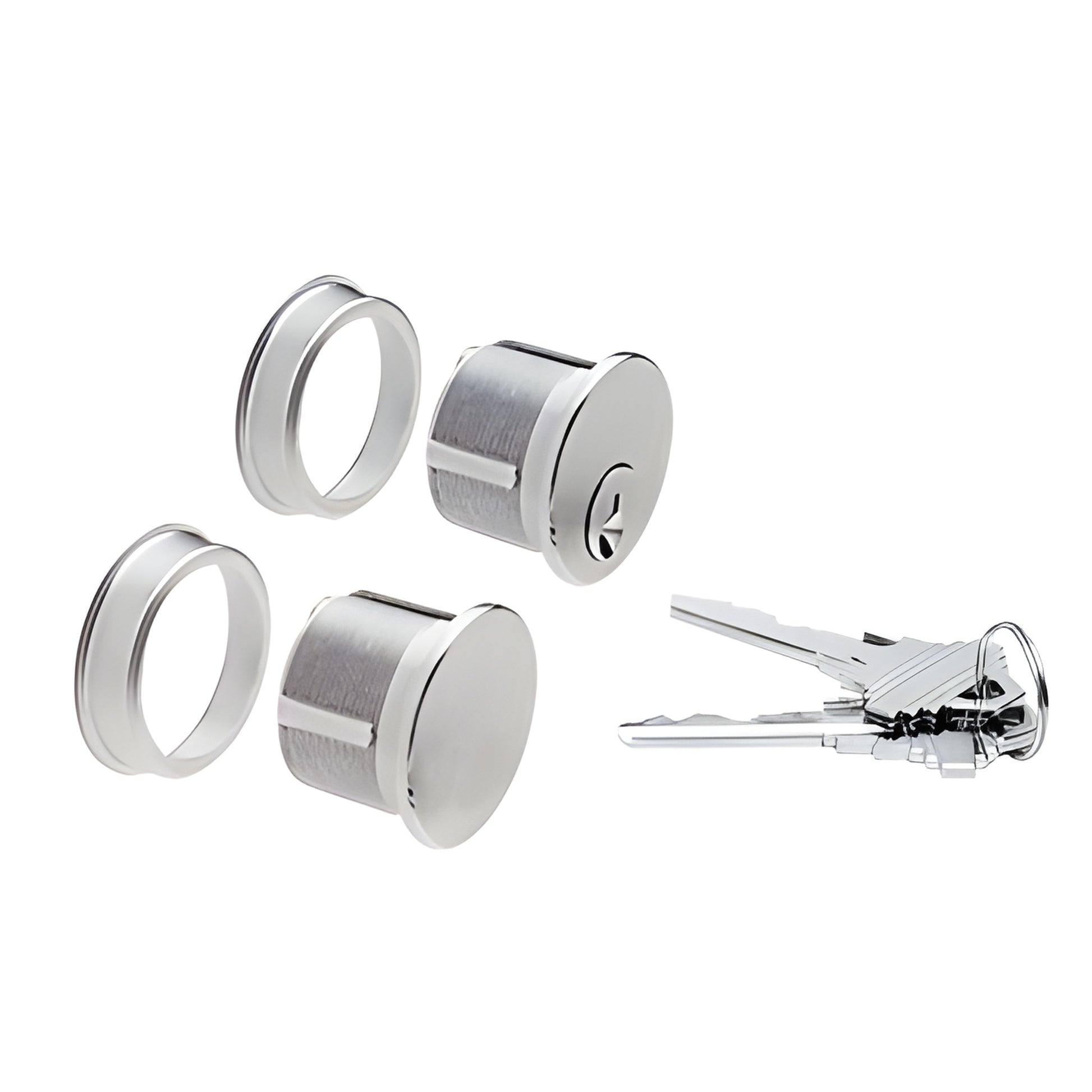 DRA1030BS mortise cylinder set in brushed stainless steel with two cylinders, trim rings and keys