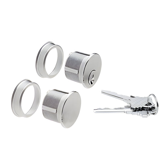 DRA1030BS mortise cylinder set in brushed stainless steel with two cylinders, trim rings and keys