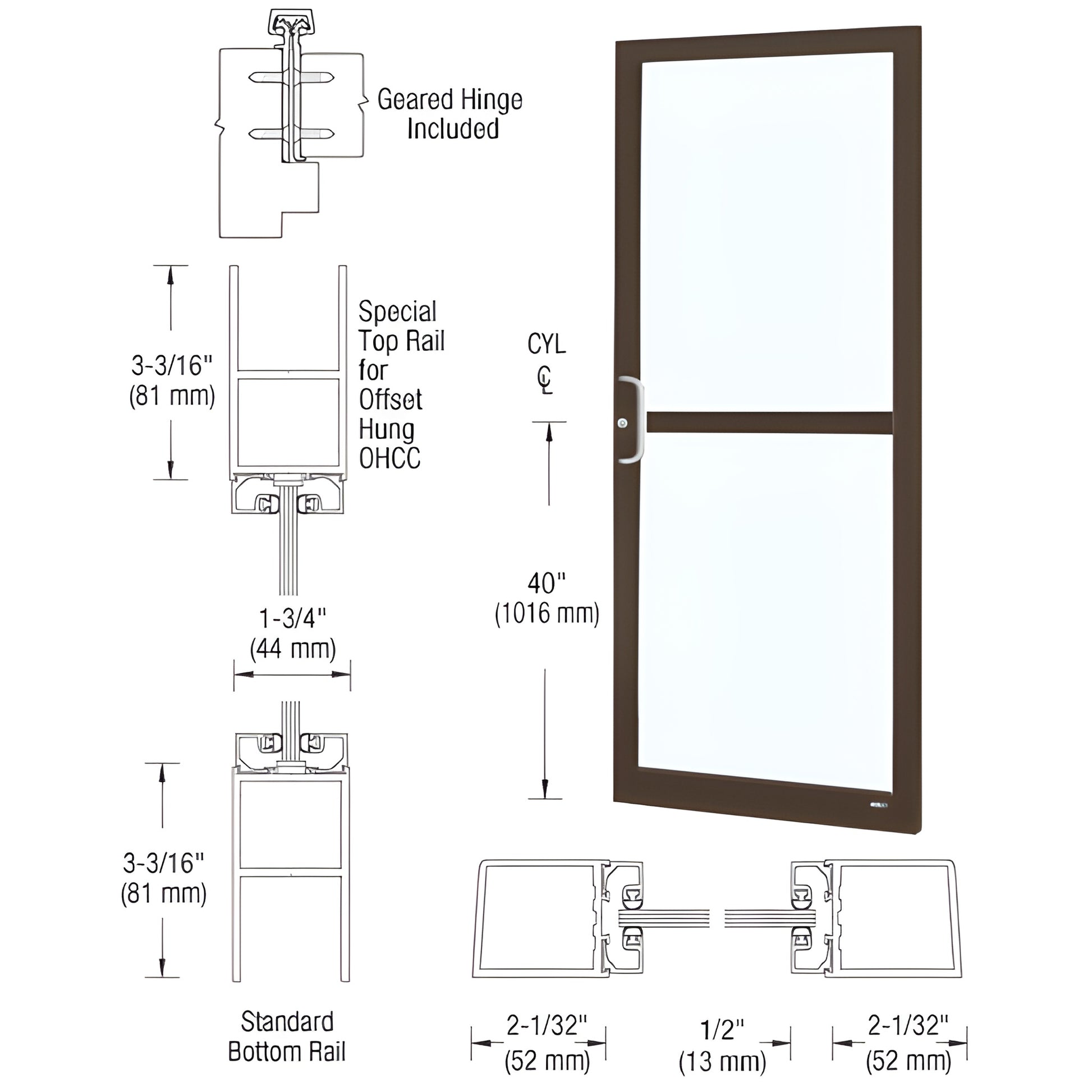 DZ21922 Black bronze anodized narrow stile commercial entrance door with 2" stiles, glass panel and ADA-ready bottom rail.