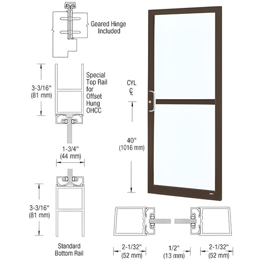 DZ21922 Black bronze anodized narrow stile commercial entrance door with 2" stiles, glass panel and ADA-ready bottom rail.