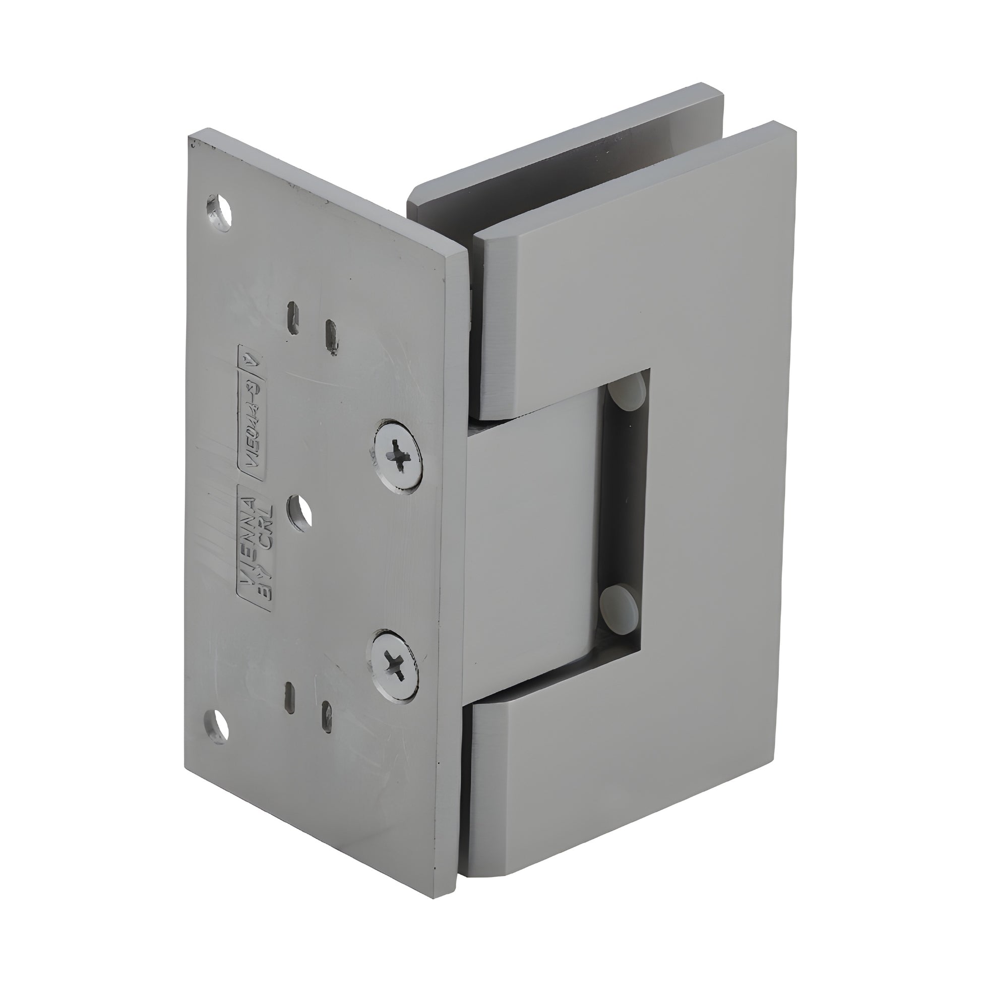 Vienna V1E044BN brushed nickel solid-brass shower door hinge for 3/8-1/2" tempered glass, wall-mount offset.