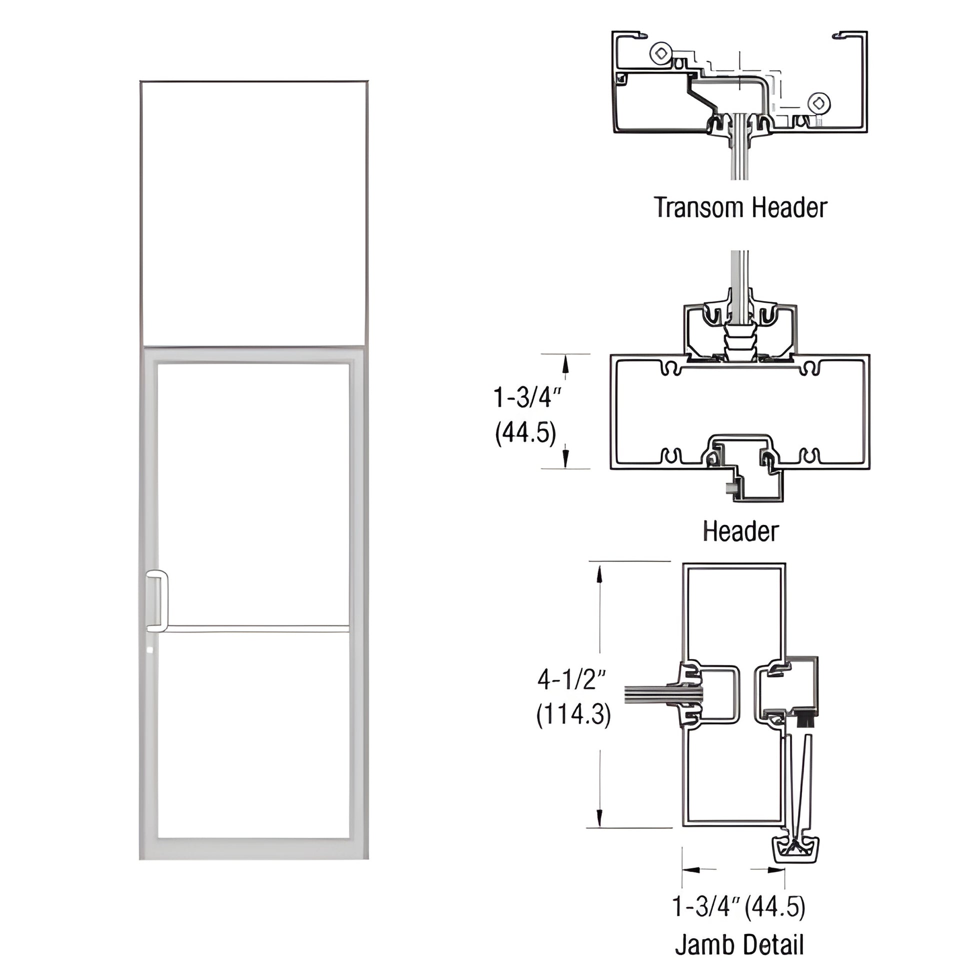 Clear anodized aluminum gear-hinge transom frame with 1-3/4" jambs and 4-1/2" header - SKU FR61811