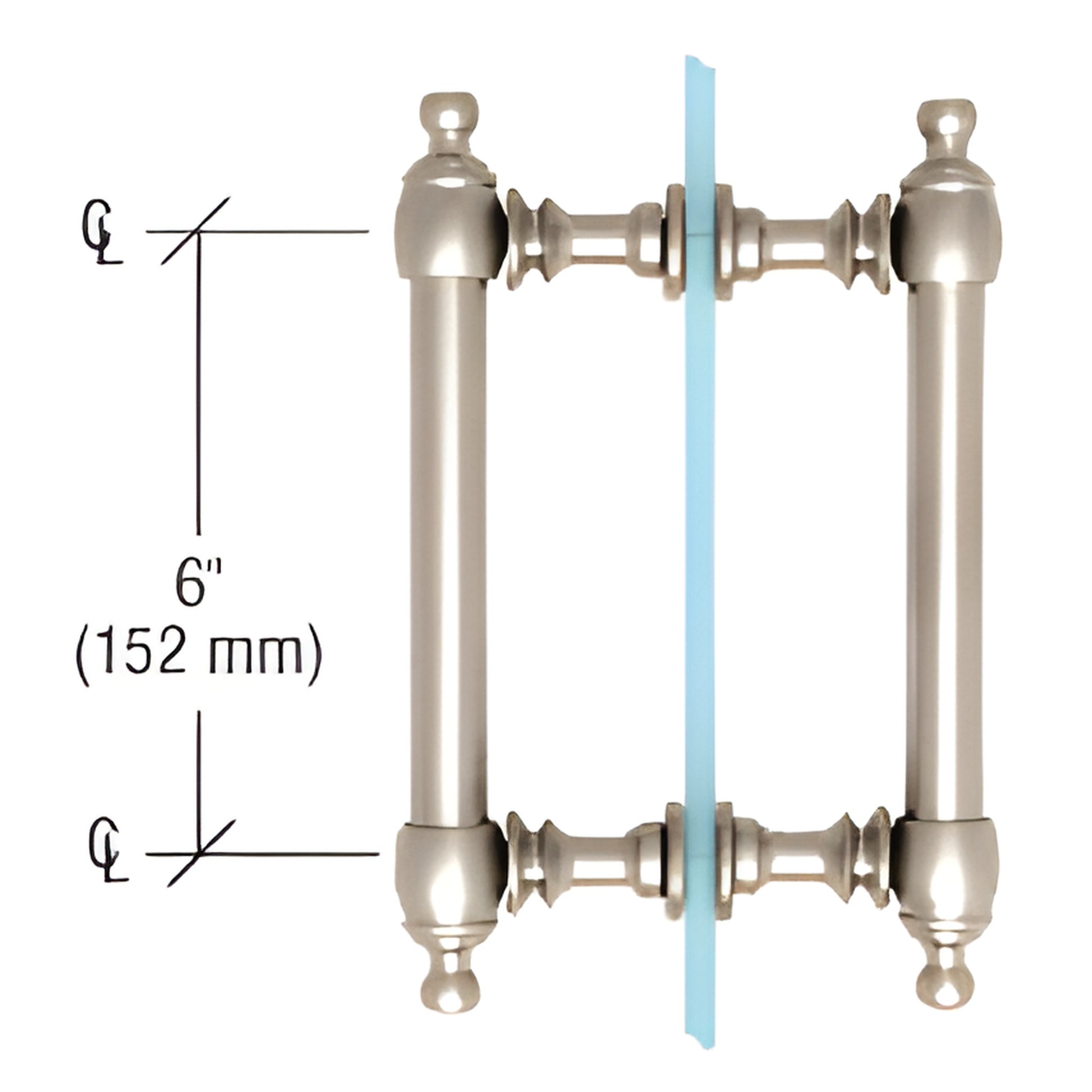 Polished nickel Colonial back-to-back brass pull handle for glass doors, 6" center-to-center, fits 6-12mm (1/4-1/2") glass.