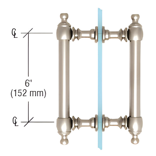 Polished nickel Colonial back-to-back brass pull handle for glass doors, 6" center-to-center, fits 6-12mm (1/4-1/2") glass.
