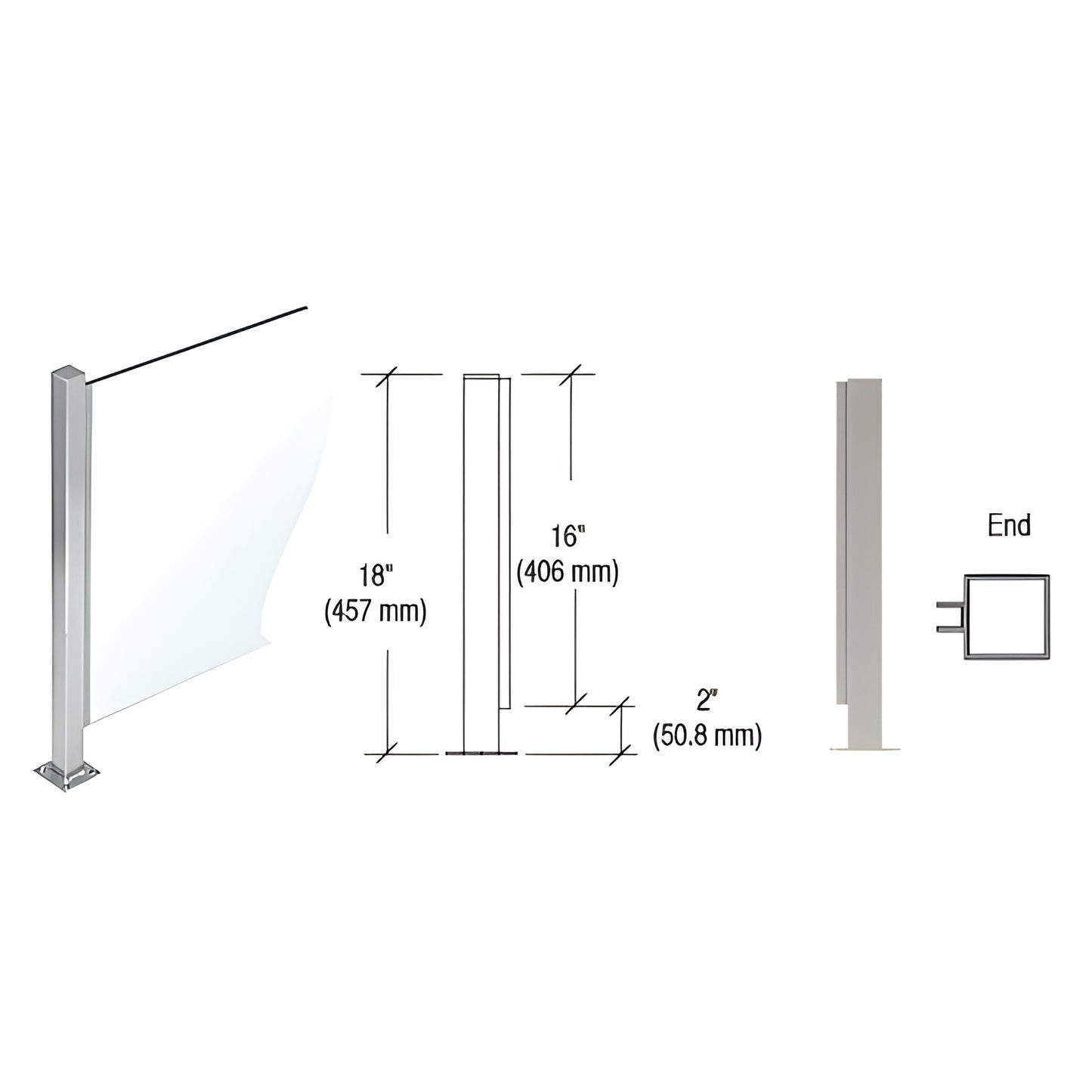PP47EBS 18" brushed stainless steel Plaza end post with full length U channel for 1/4" glass and welded square base