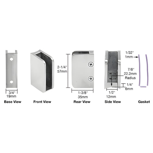 SA93PS polished stainless steel radius glass clip for 11 2-2 round posts, fits 1/4 or 3/8 glass, includes clear gasket.