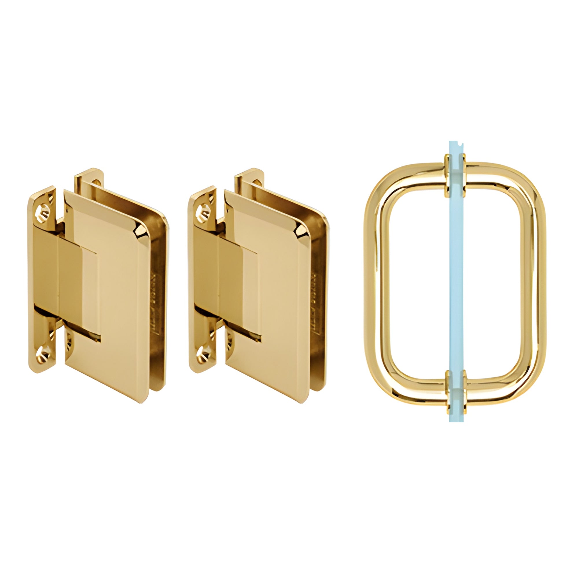 Polished brass Pinnacle shower hinge and pull set (SKU P1NS3BR) for 8-12mm tempered glass doors, wall-mount