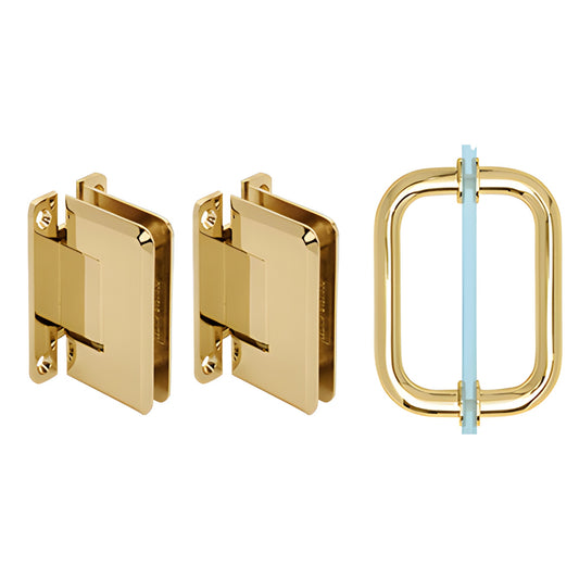 Polished brass Pinnacle shower hinge and pull set (SKU P1NS3BR) for 8-12mm tempered glass doors, wall-mount