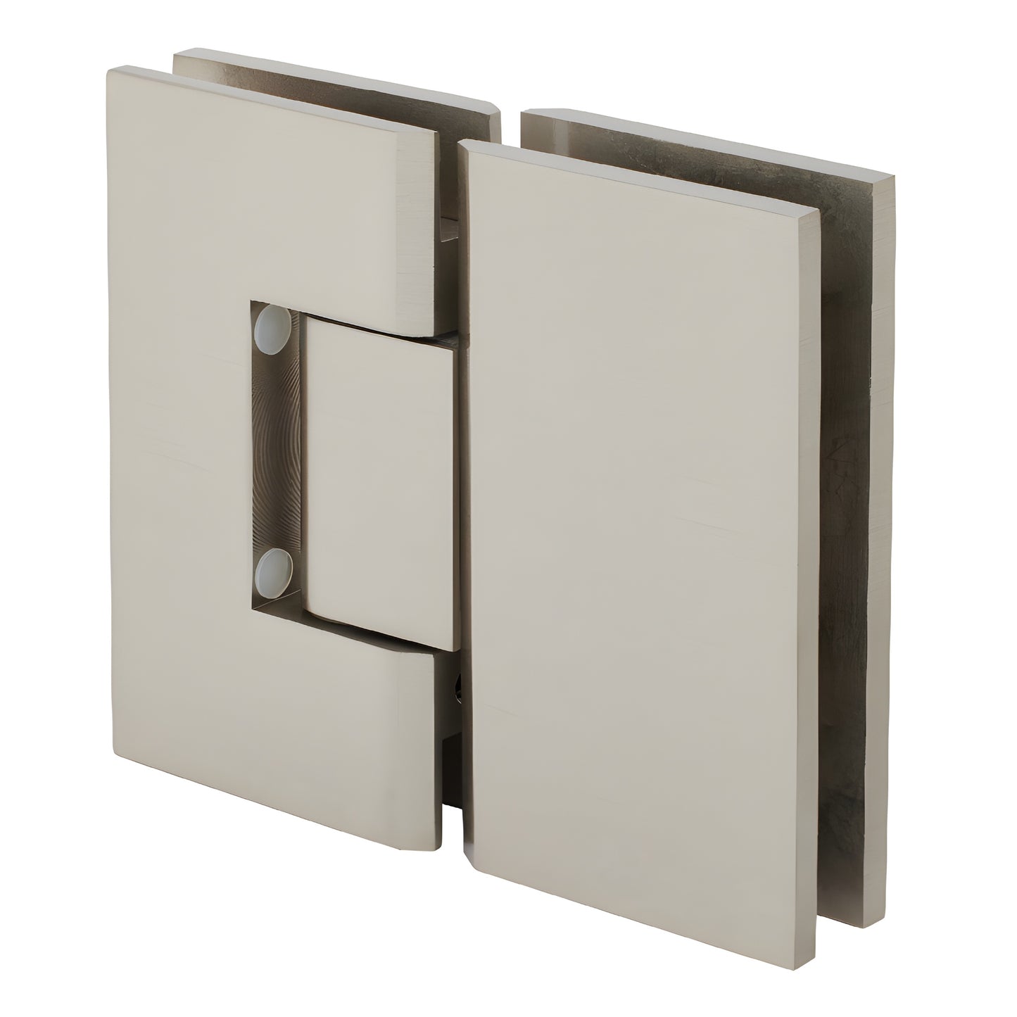 V1E780BN brushed nickel Vienna positive-close glass-to-glass shower hinge, square brass.