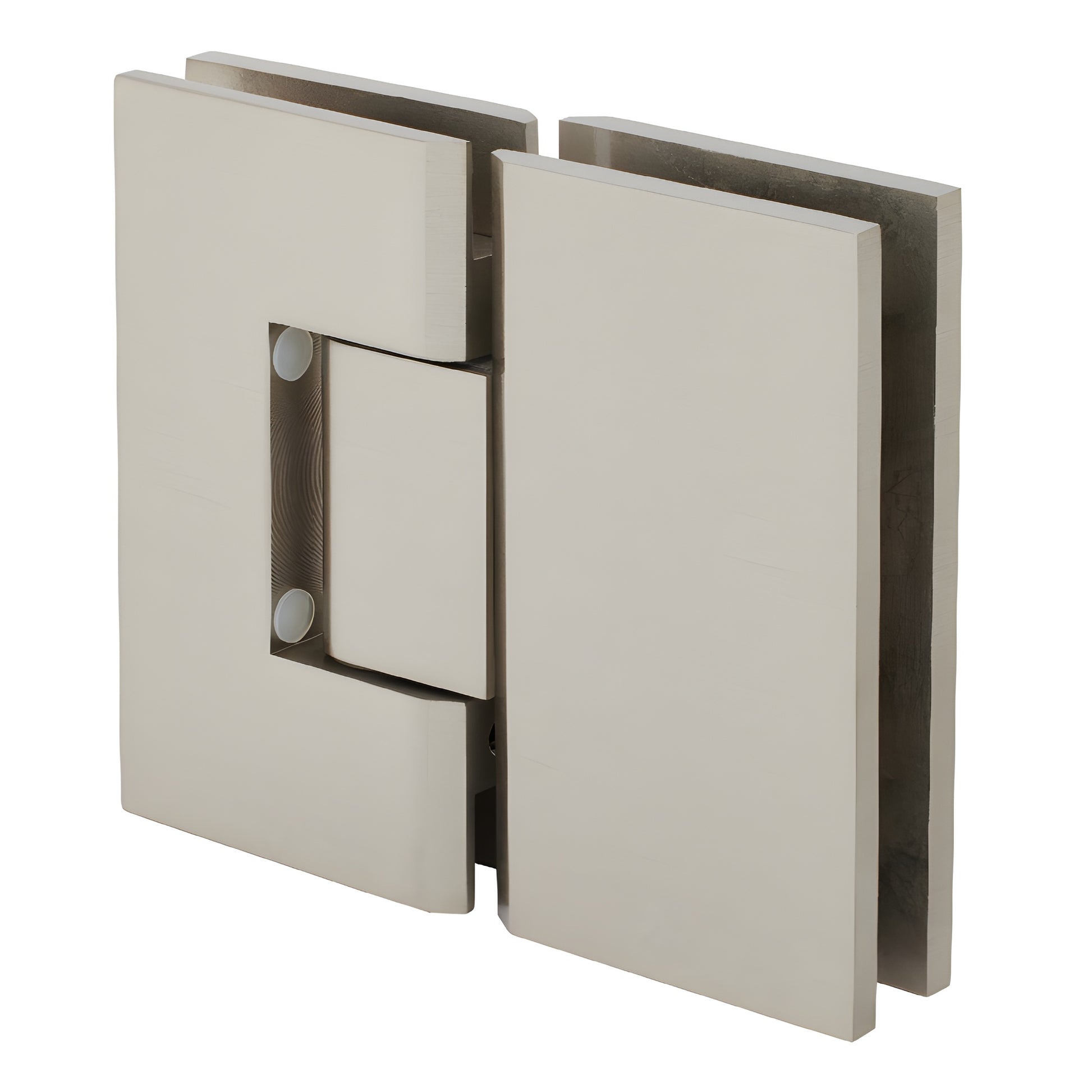 V1E780BN brushed nickel Vienna positive-close glass-to-glass shower hinge, square brass.