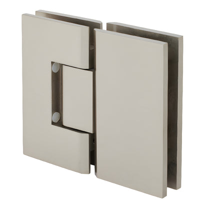 V1E780BN brushed nickel Vienna positive-close glass-to-glass shower hinge, square brass.