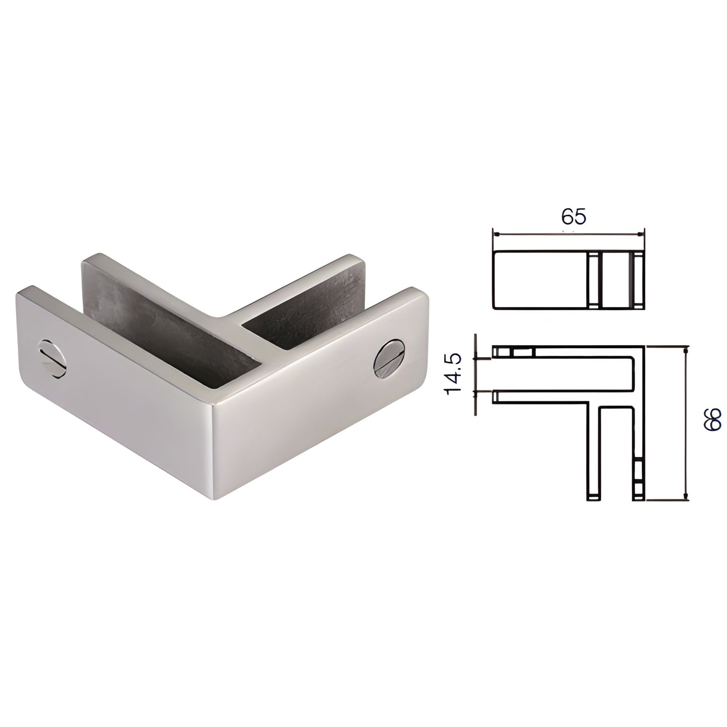 Brushed stainless steel glass bracing corner clamp GBC90BS for 12mm-13.52mm no-drill glass panels.